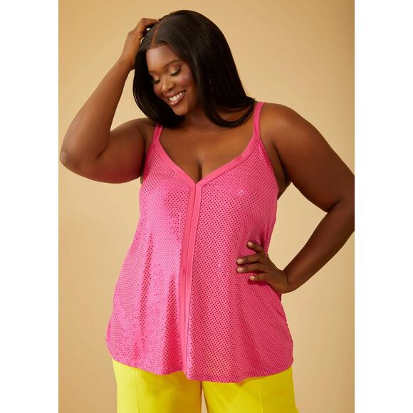 PLUS Size 30/32W | Sequin Embellished Stretch Knit Swing Shape Camisole Tank Top - Picture 1 of 4